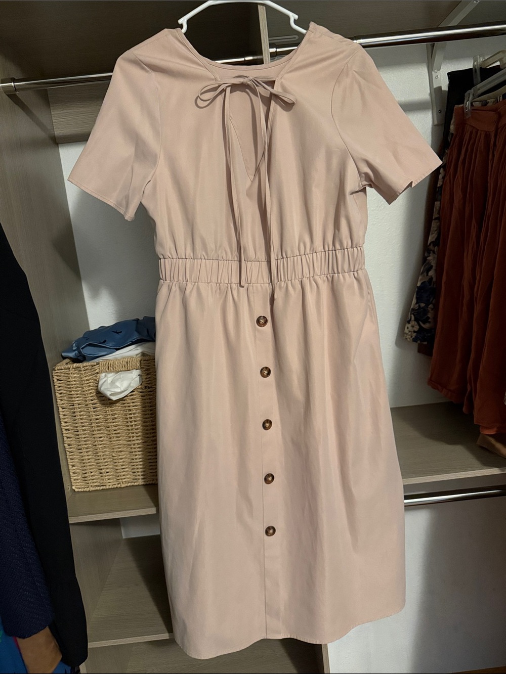 Classic Tan Short-Sleeve Button-Front Dress